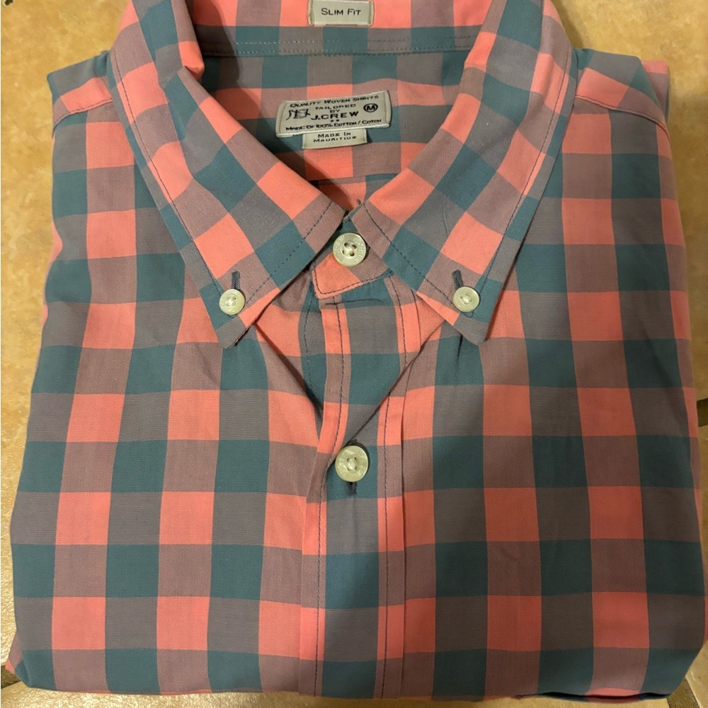 J. Crew Coral and Teal Checkered Shirt